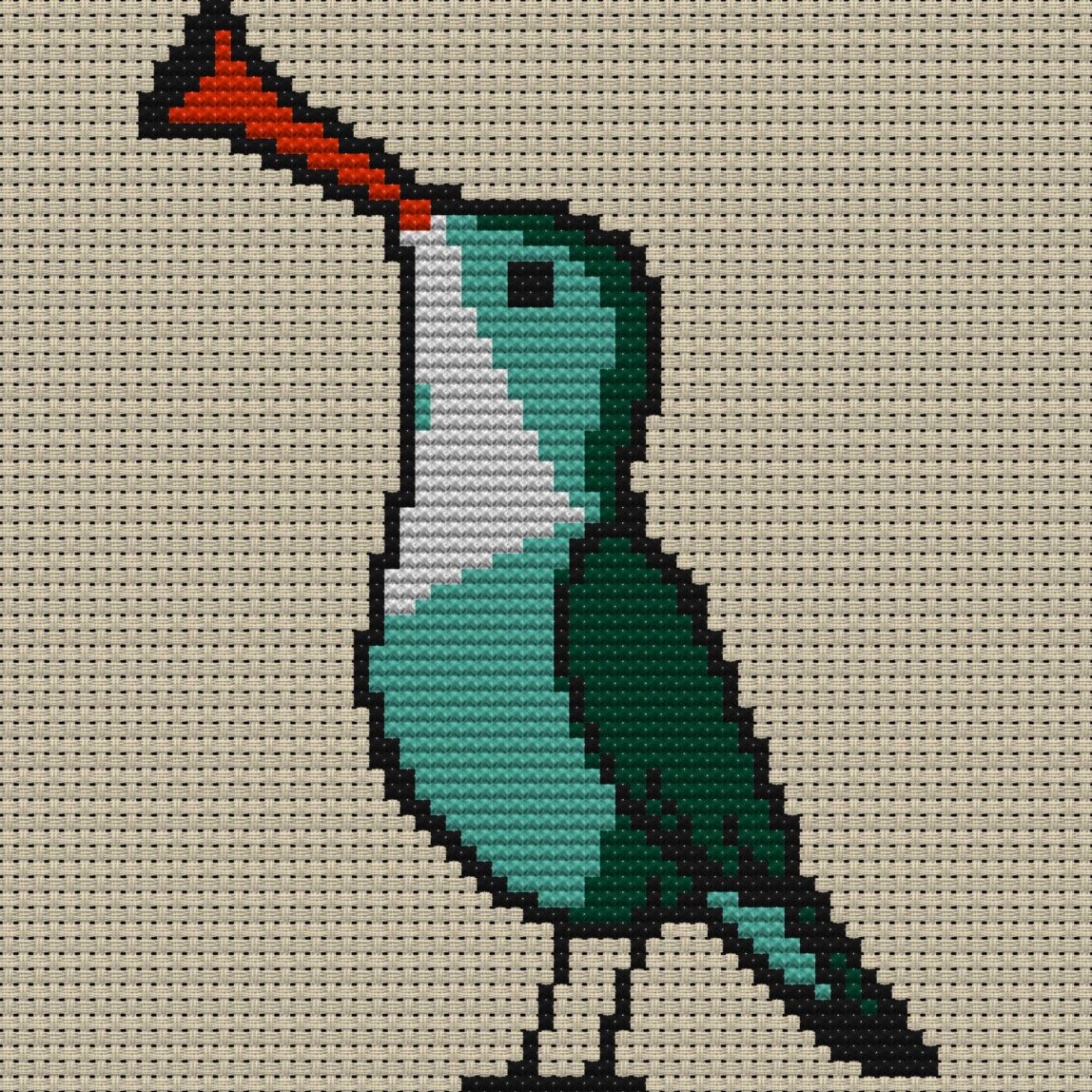 musical-bird full cross stitch design mockup without frame, realistic embroidery preview