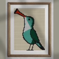 musical-bird alternative framed cross stitch mockup, realistic finished embroidery presentation
