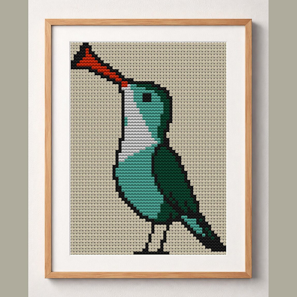 musical-bird framed cross stitch mockup, realistic finished embroidery design, PDF pattern digital download