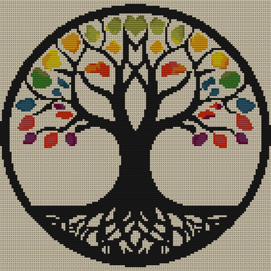 color-tree full cross stitch design mockup without frame, realistic embroidery preview