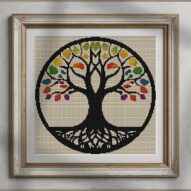 color-tree alternative framed cross stitch mockup, realistic finished embroidery presentation