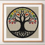 color-tree framed cross stitch mockup, realistic finished embroidery design, PDF pattern digital download