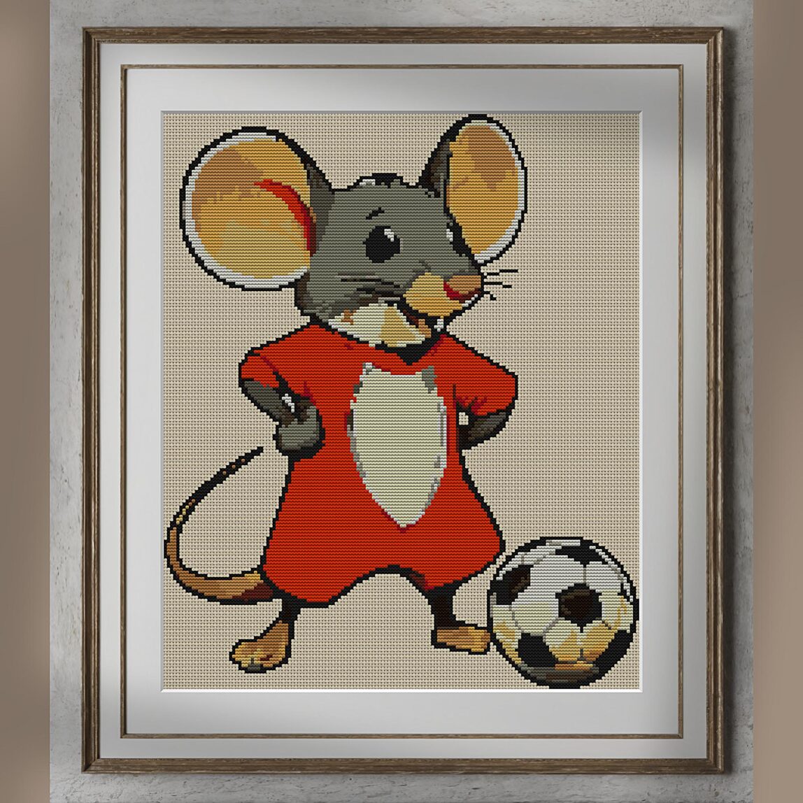 football-mouse alternative framed cross stitch mockup, realistic finished embroidery presentation