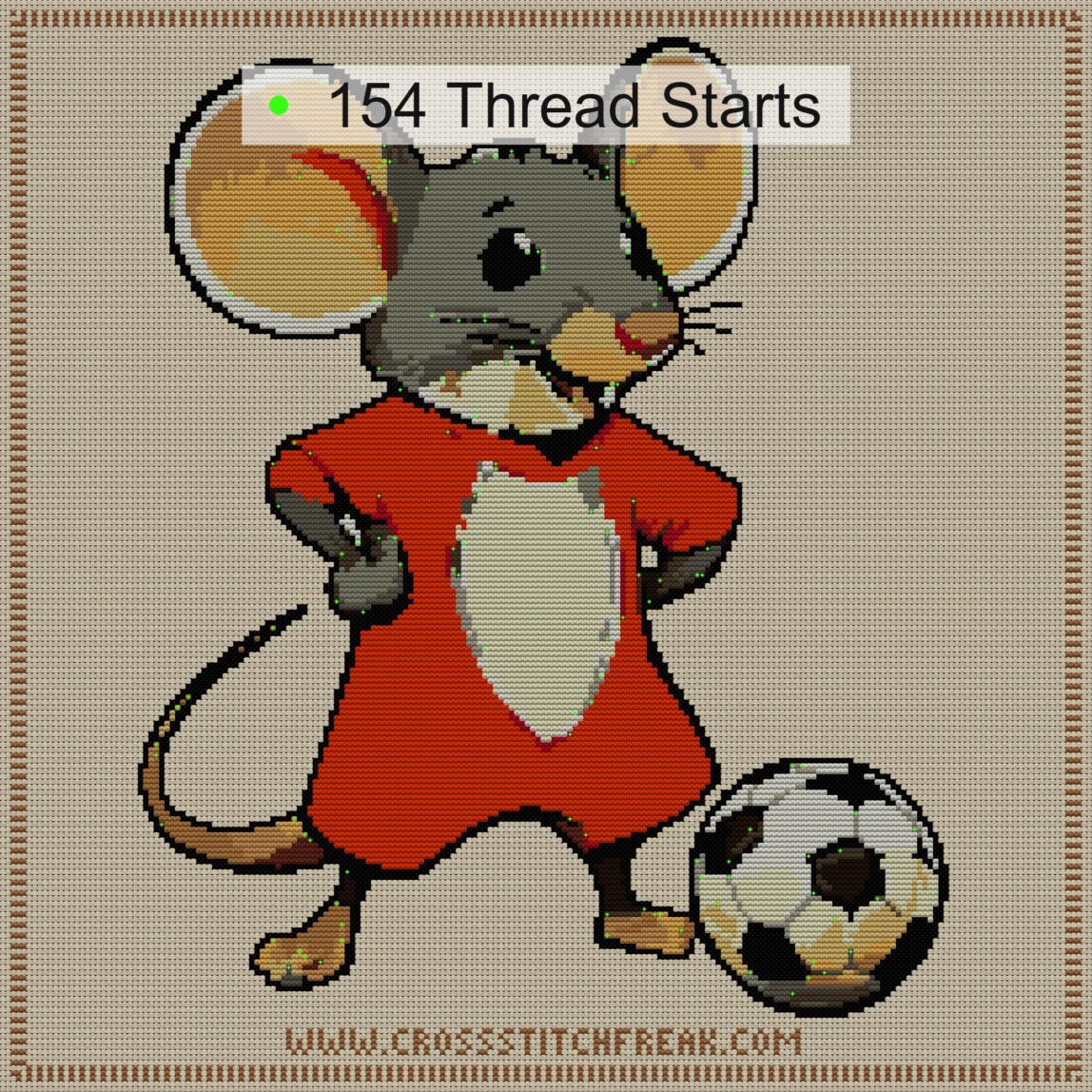 football-mouse cross stitch start point map with highlighted thread start positions in the full design