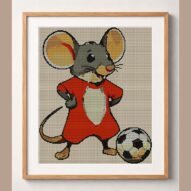 football-mouse framed cross stitch mockup, realistic finished embroidery design, PDF pattern digital download