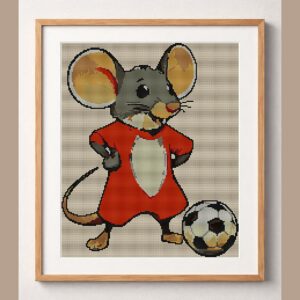 football-mouse framed cross stitch mockup, realistic finished embroidery design, PDF pattern digital download