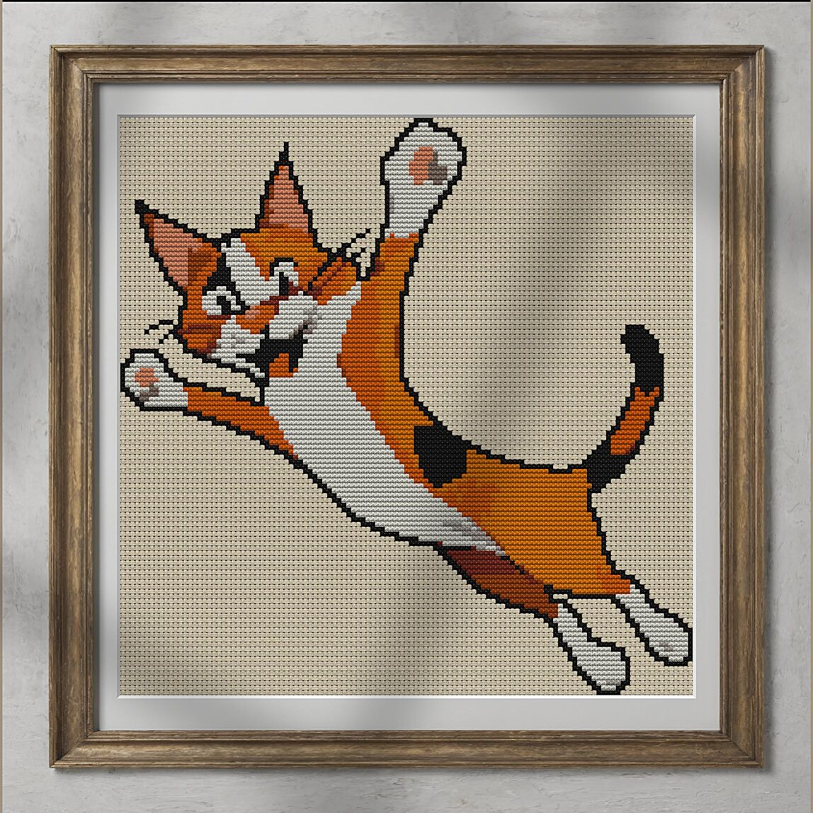 happy-cat alternative framed cross stitch mockup, realistic finished embroidery presentation
