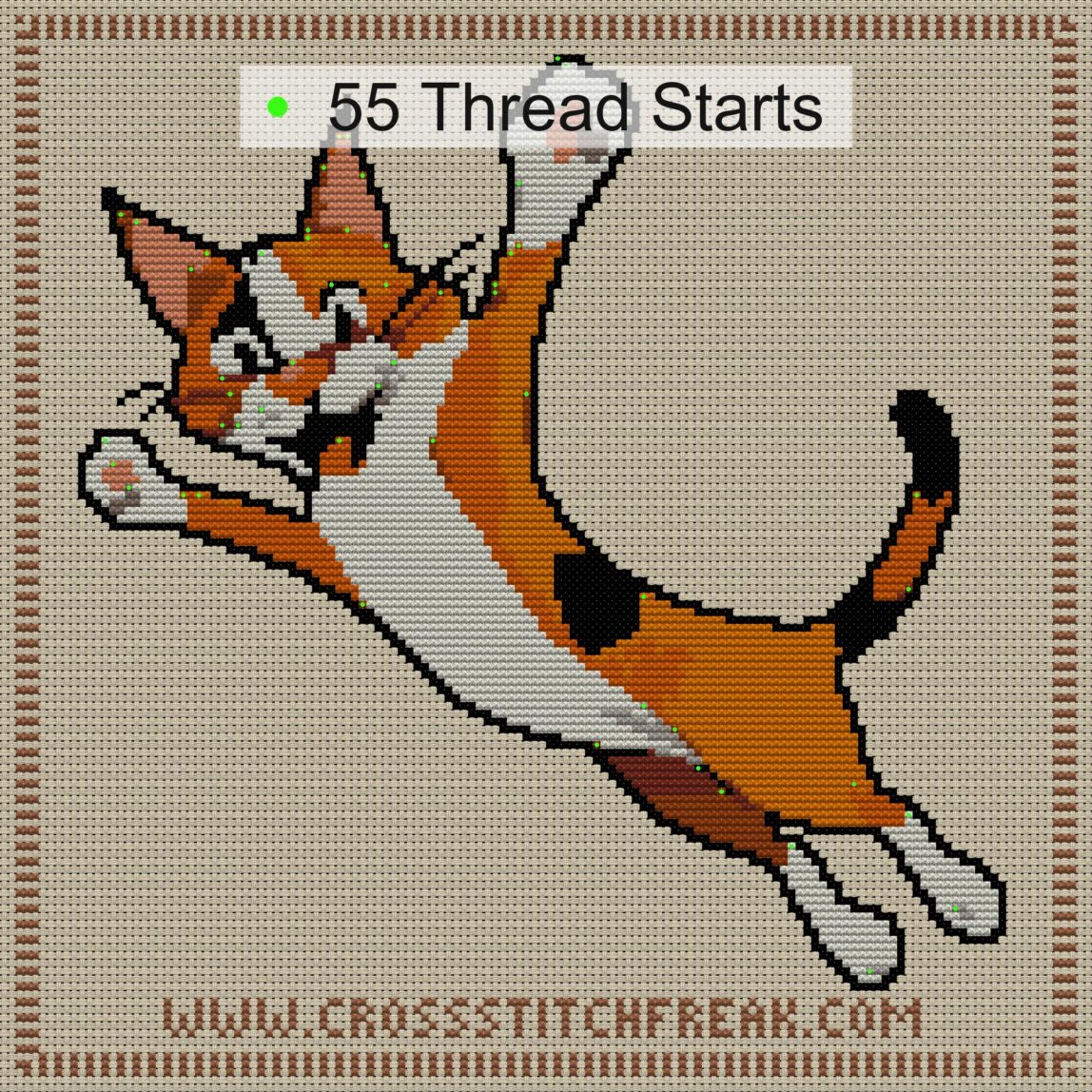 happy-cat cross stitch start point map with highlighted thread start positions in the full design