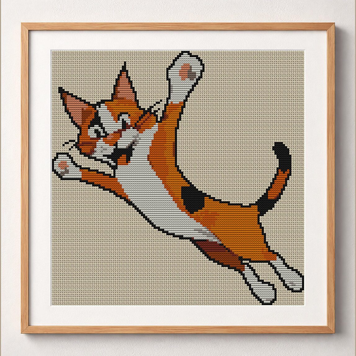 happy-cat framed cross stitch mockup, realistic finished embroidery design, PDF pattern digital download