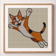 happy-cat framed cross stitch mockup, realistic finished embroidery design, PDF pattern digital download