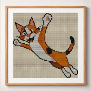 happy-cat framed cross stitch mockup, realistic finished embroidery design, PDF pattern digital download