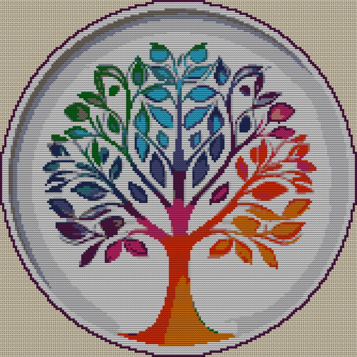 harmony-tree full cross stitch design mockup without frame, realistic embroidery preview