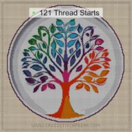 harmony-tree cross stitch start point map with highlighted thread start positions in the full design