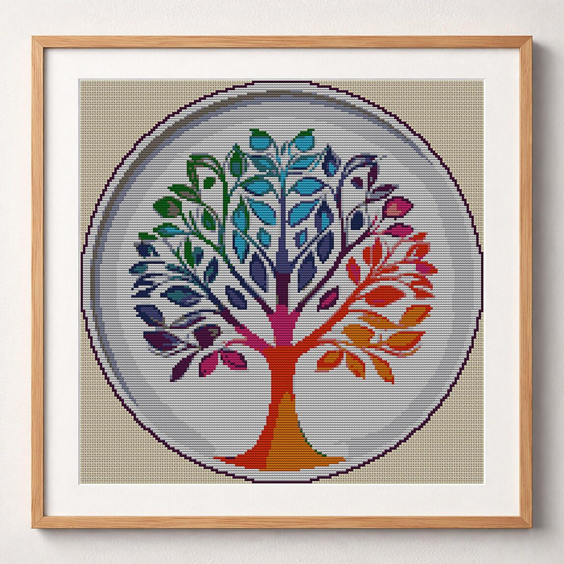 harmony-tree framed cross stitch mockup, realistic finished embroidery design, PDF pattern digital download