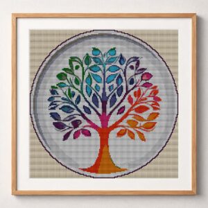 harmony-tree framed cross stitch mockup, realistic finished embroidery design, PDF pattern digital download