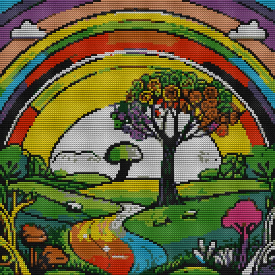 rainbow-land full design mockup without frame rainbow-land full cross stitch design mockup without frame, realistic embroidery preview