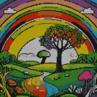 rainbow-land full cross stitch design mockup without frame, realistic embroidery preview