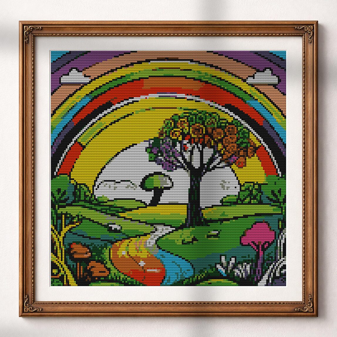 rainbow-land alternative framed mockup rainbow-land alternative framed cross stitch mockup, realistic finished embroidery presentation