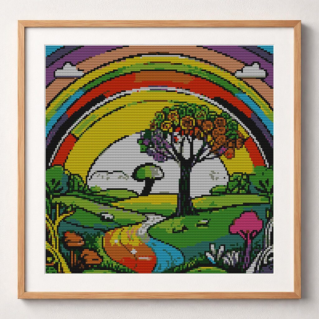 rainbow-land framed cross stitch mockup, realistic finished embroidery design, PDF pattern digital download