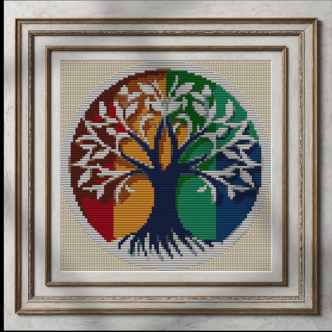 rainbow-tree alternative framed mockup rainbow-tree alternative framed cross stitch mockup, realistic finished embroidery presentation