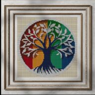 rainbow-tree alternative framed cross stitch mockup, realistic finished embroidery presentation