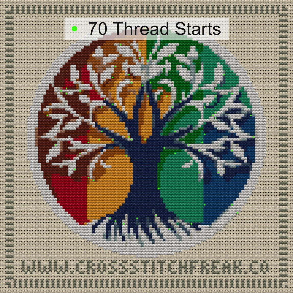 rainbow-tree thread start point map rainbow-tree cross stitch start point map with highlighted thread start positions in the full design