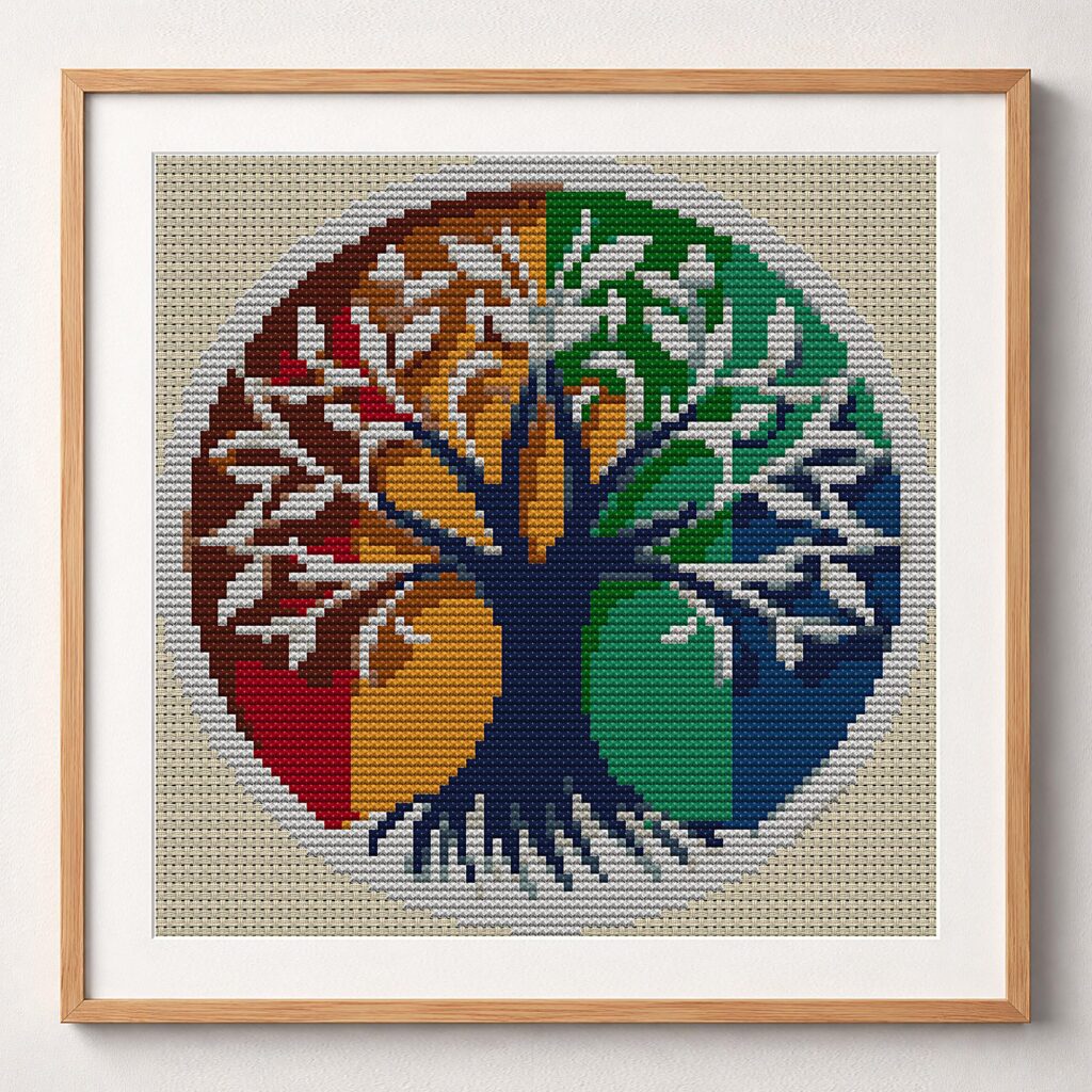 rainbow-tree framed cross stitch mockup, realistic finished embroidery design, PDF pattern digital download