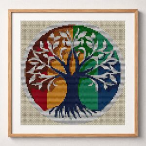 rainbow-tree framed cross stitch mockup, realistic finished embroidery design, PDF pattern digital download