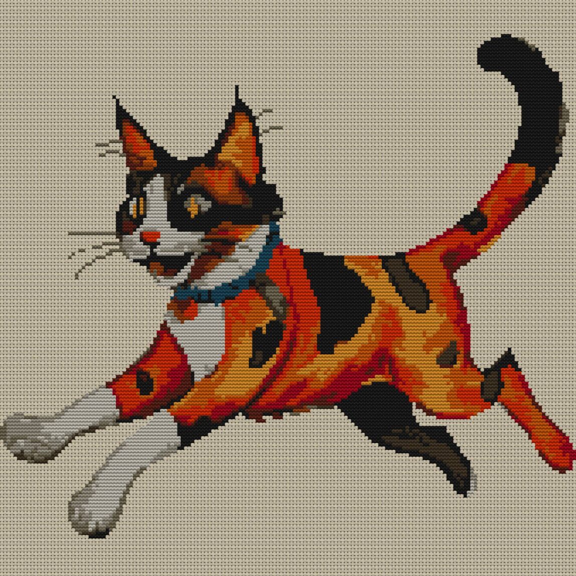 red-cat full cross stitch design mockup without frame, realistic embroidery preview