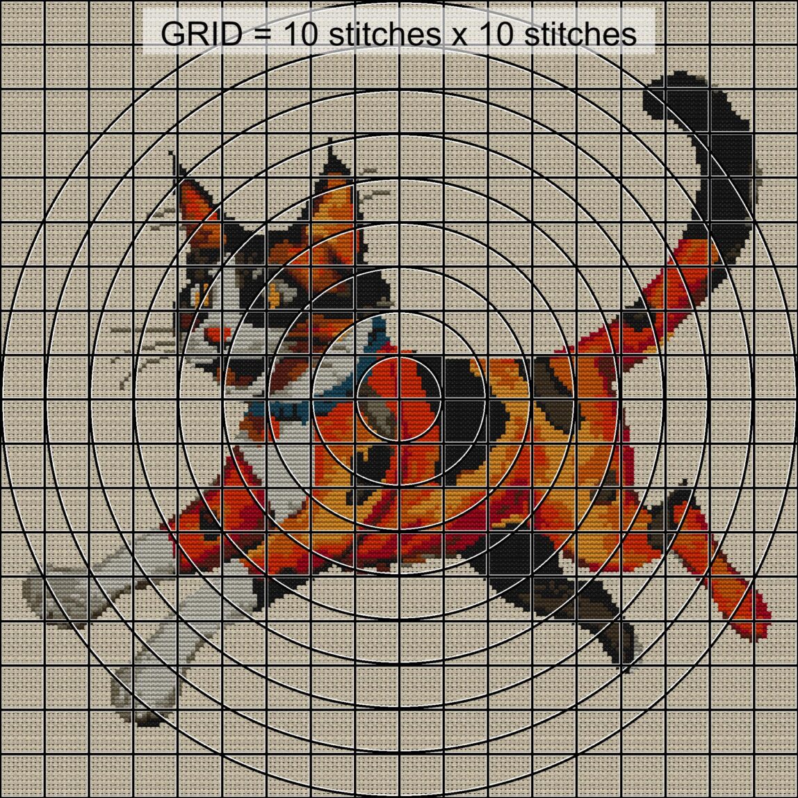 red-cat close-up cross stitch detail showing color changes, confetti areas and stitch texture