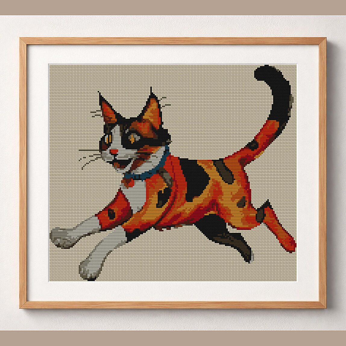 red-cat framed cross stitch mockup, realistic finished embroidery design, PDF pattern digital download