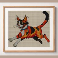 red-cat framed cross stitch mockup, realistic finished embroidery design, PDF pattern digital download