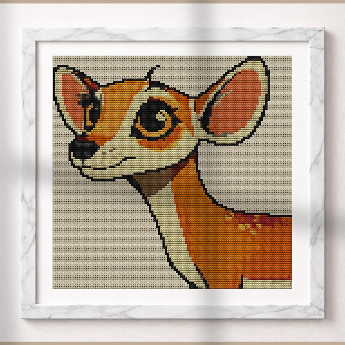 sweet-deer alternative framed cross stitch mockup, realistic finished embroidery presentation