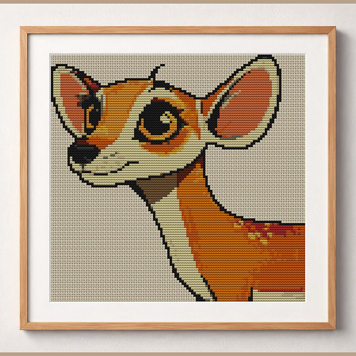 sweet-deer framed cross stitch mockup, realistic finished embroidery design, PDF pattern digital download