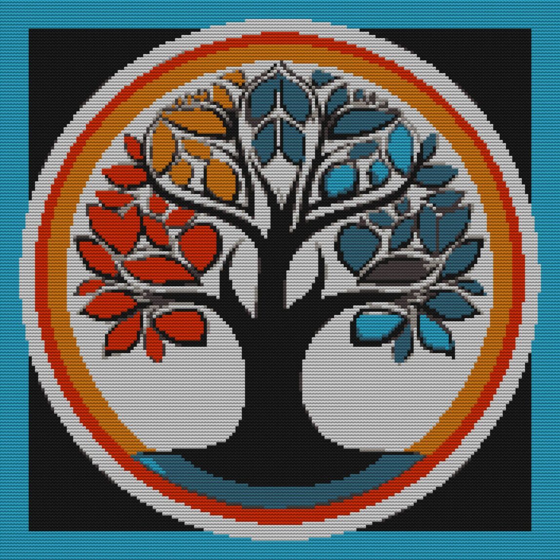 symbol-tree full cross stitch design mockup without frame, realistic embroidery preview