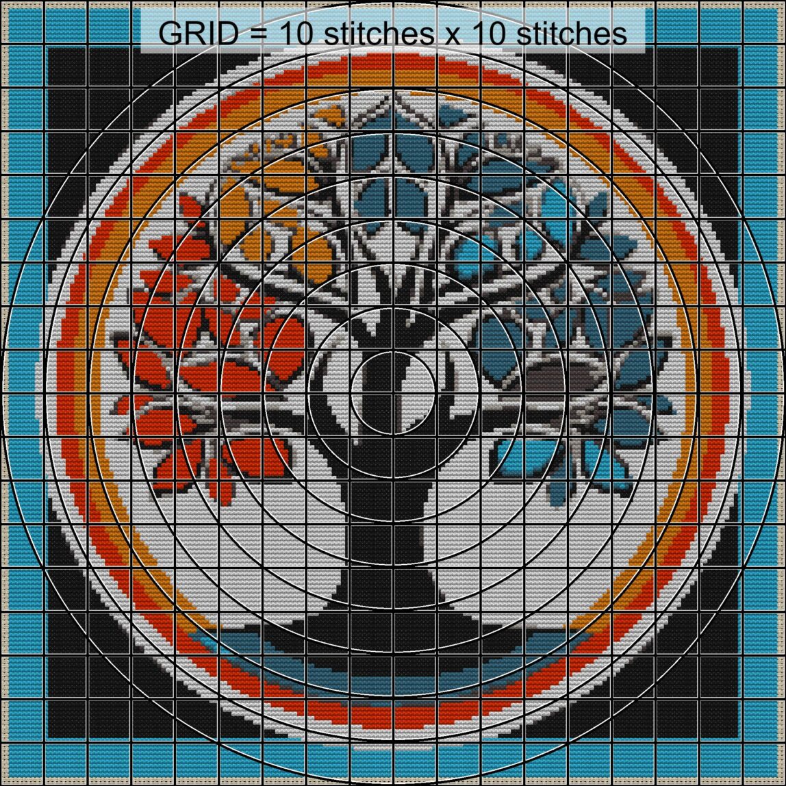 symbol-tree close-up cross stitch detail showing color changes, confetti areas and stitch texture