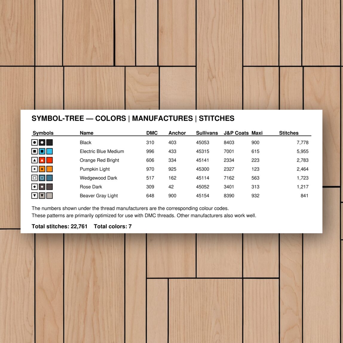 symbol-tree thread color chart with DMC, Anchor, Sullivans, J&P Coats and Maxi color references