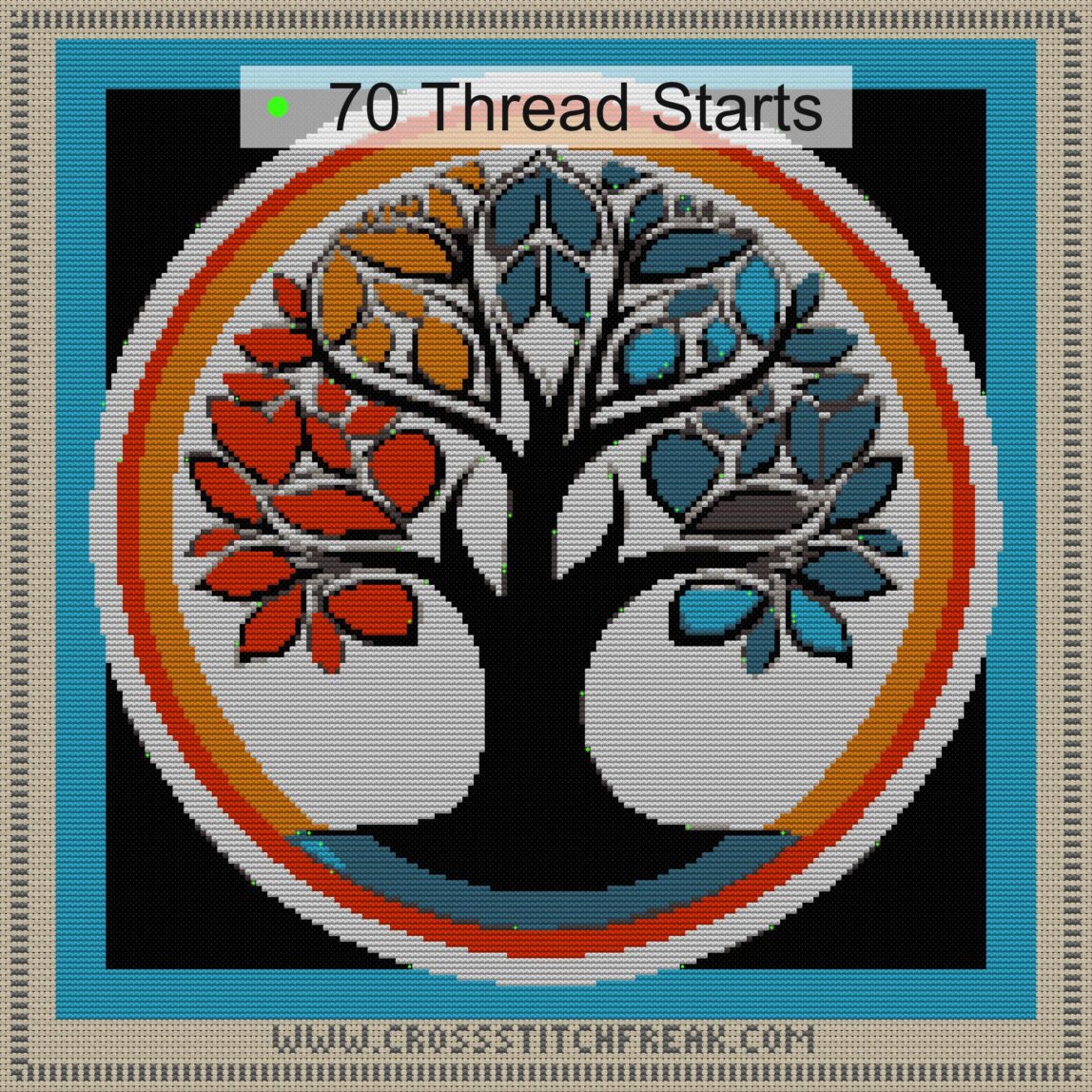 symbol-tree cross stitch start point map with highlighted thread start positions in the full design