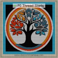 symbol-tree cross stitch start point map with highlighted thread start positions in the full design