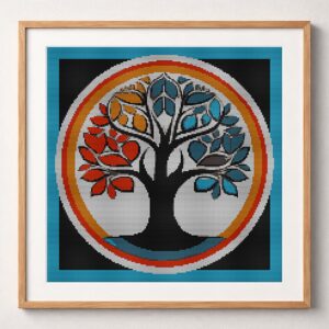 symbol-tree framed cross stitch mockup, realistic finished embroidery design, PDF pattern digital download