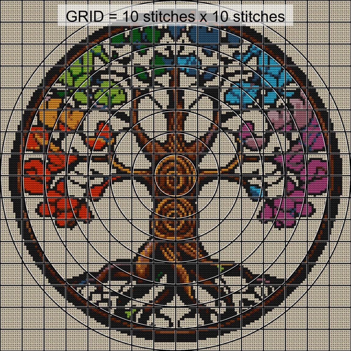 tree-circle zoomed stitching detail tree-circle close-up cross stitch detail showing color changes, confetti areas and stitch texture
