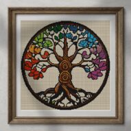 tree-circle alternative framed cross stitch mockup, realistic finished embroidery presentation