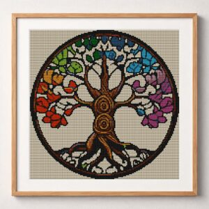 tree-circle framed cross stitch mockup, realistic finished embroidery design, PDF pattern digital download