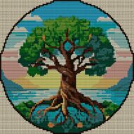 tree-island full cross stitch design mockup without frame, realistic embroidery preview