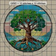 tree-island close-up cross stitch detail showing color changes, confetti areas and stitch texture
