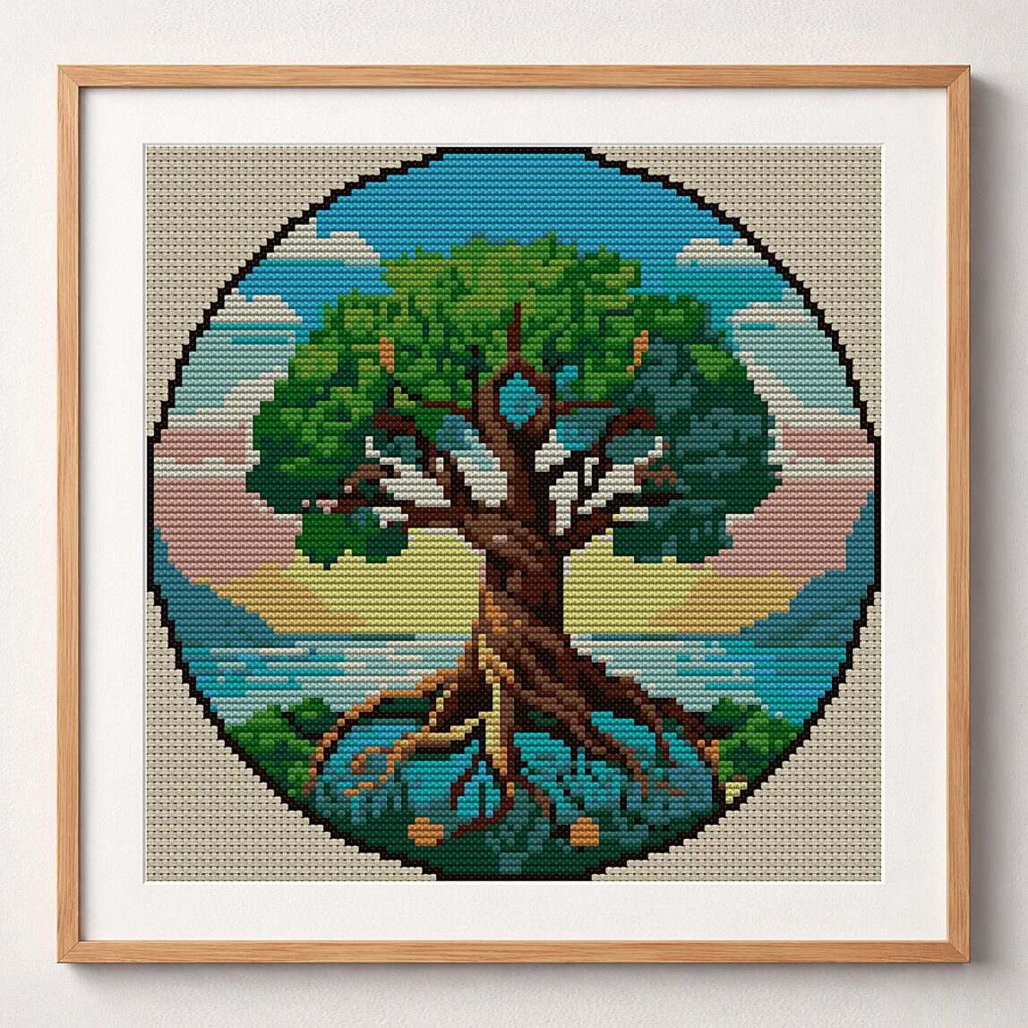 tree-island framed cross stitch mockup tree-island framed cross stitch mockup, realistic finished embroidery design, PDF pattern digital download