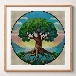 tree-island framed cross stitch mockup, realistic finished embroidery design, PDF pattern digital download