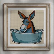 donkey-taking-bath alternative framed cross stitch mockup, realistic finished embroidery presentation