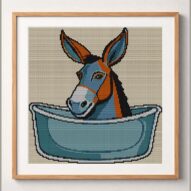 donkey-taking-bath framed cross stitch mockup, realistic finished embroidery design, PDF pattern digital download