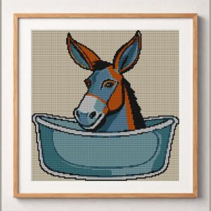 donkey-taking-bath framed cross stitch mockup, realistic finished embroidery design, PDF pattern digital download